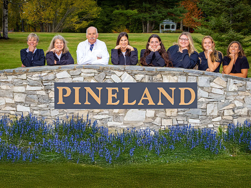 Eight people lean on a stone wall with a PINELAND sign, in a park with purple flowers in the foreground.